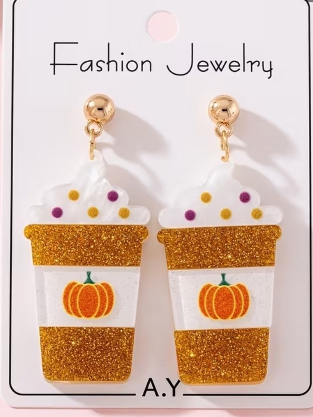 Pumpkin Spice Glitter Cup Drop Earrings - White & Gold